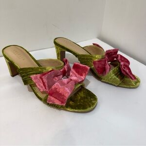 CECELIA NEW YORK Vespa Velvet Green and Pink Block Heel Sandals Bows size 10.5